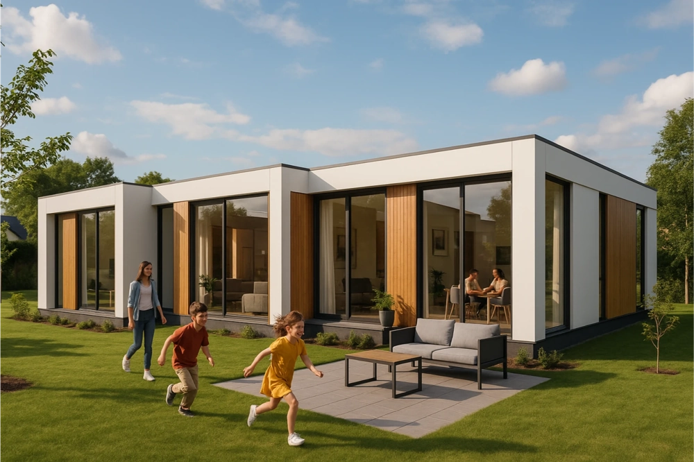 Maison moderne avec baie vitrée, Carrelage extérieur sur terrasse, canapé d'extérieur et enfants courant sur la pelouse