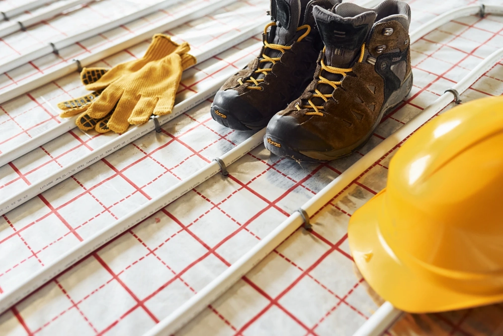 Installation de chauffage par le sol avec tubes posés sur maillage isolant, casque, gants et chaussures de chantier